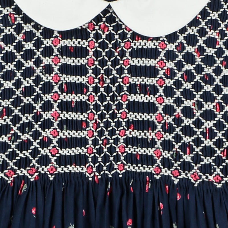 navy, cherry print smock dress for baby, detail