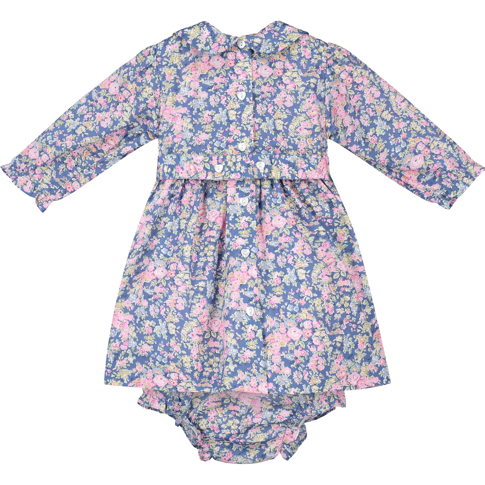 long-sleeve foral baby dress with smocking, back