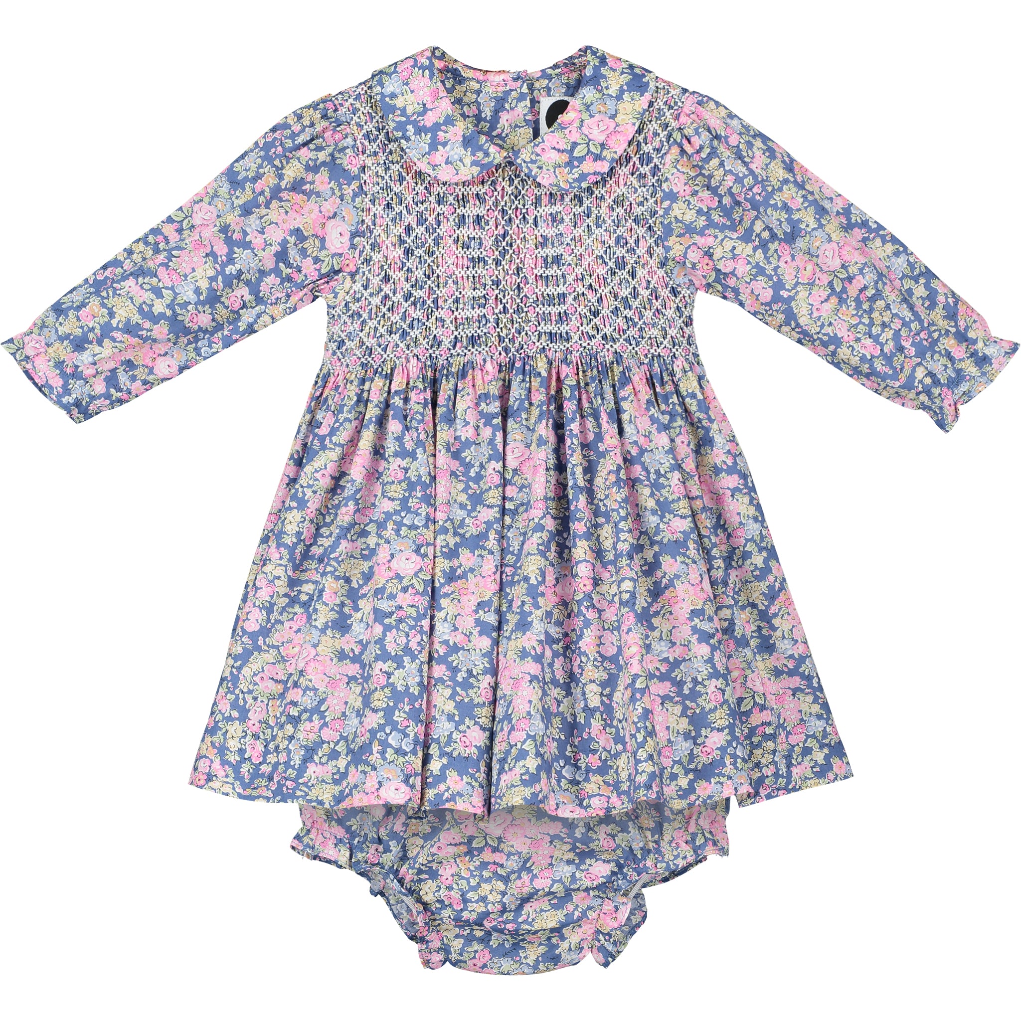 long-sleeve foral baby dress with smocking, front
