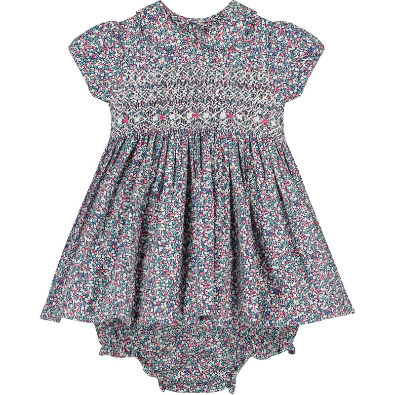 floral hand-smocked baby dress, front