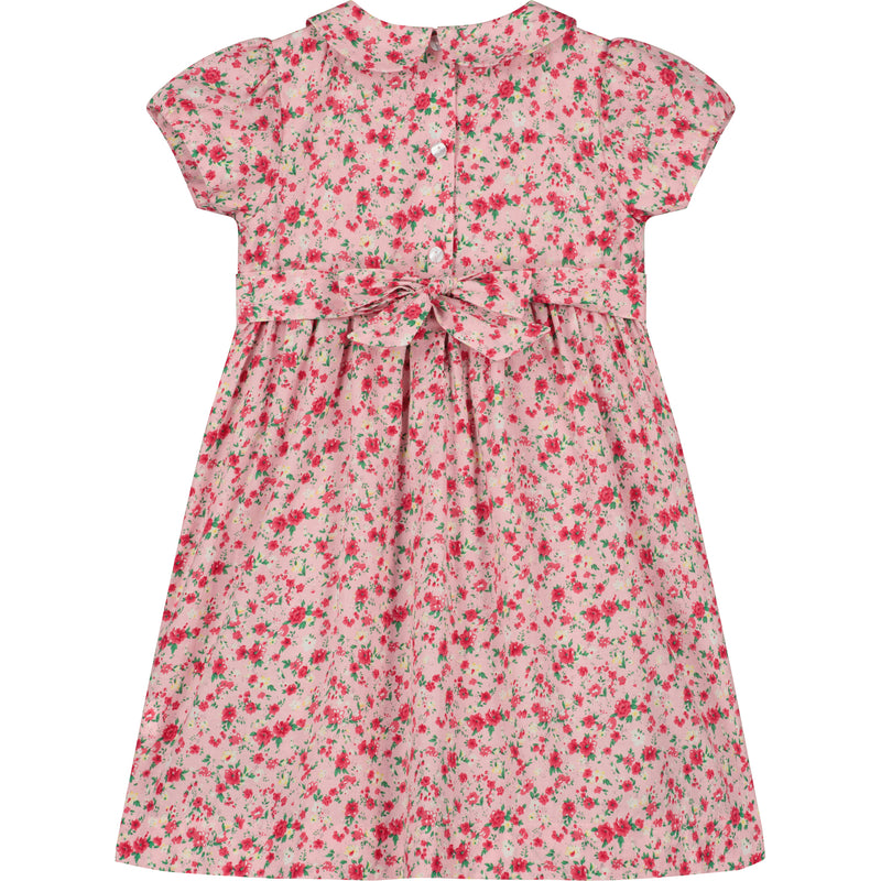red and pink smock dress for girls, bow fastening at the back